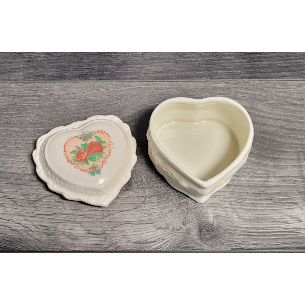 Heart Shaped Porcelain Trinket Box With Roses Print On Lid